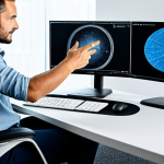 A focused professional utilizing AI-powered image description technology, sitting comfortably at a desk in a modern, well-lit digital content studio. The individual is wearing modest, smart-casual attire. On a large monitor, abstract digital representations of images and their generated textual descriptions are visible, symbolizing the transformation of visual data into meaningful text. The overall atmosphere is one of innovation and efficiency. The image should convey a sense of intelligent design and technological advancement. safe for work, appropriate content, fully clothed, professional, perfect anatomy, correct proportions, natural pose, well-formed hands, proper finger count, natural body proportions, high-quality professional photography.