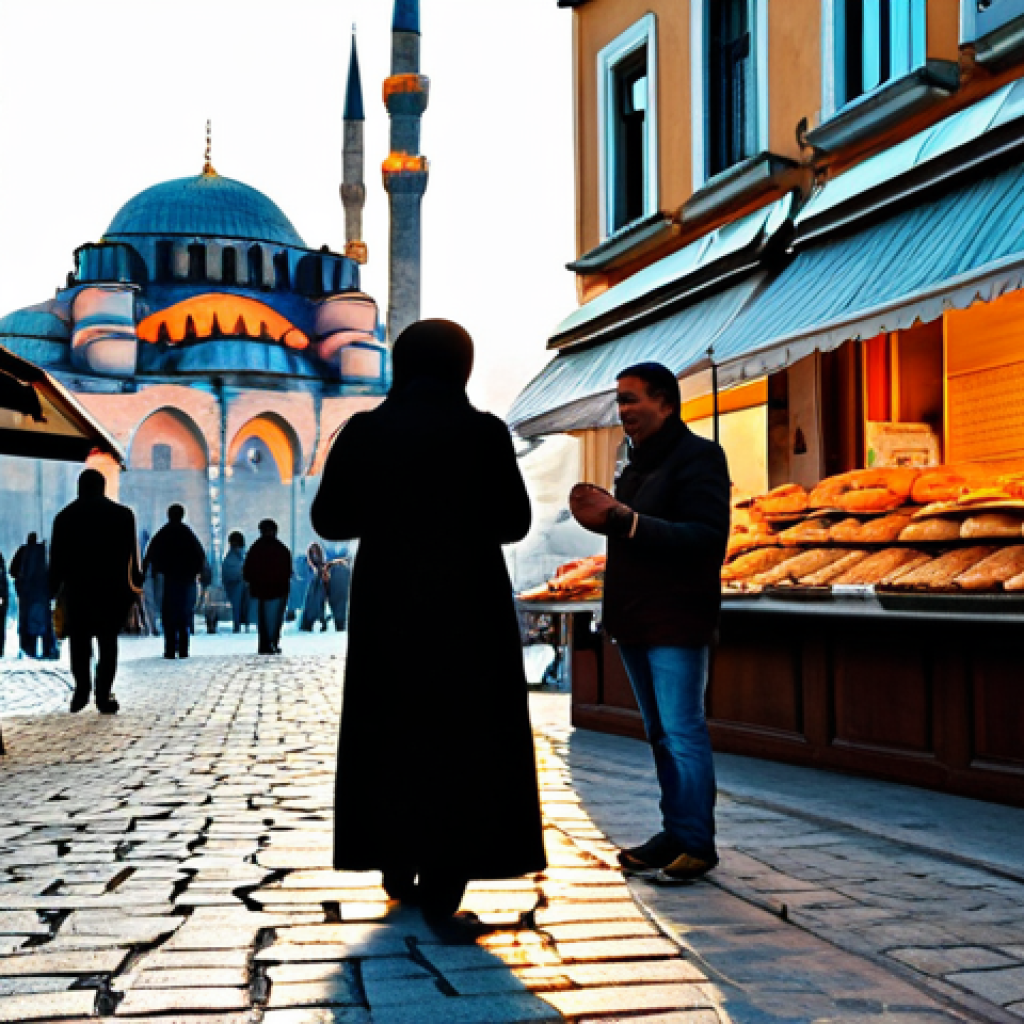 **
A lively street scene in Istanbul during the golden hour. Vendors are selling simit (Turkish sesame bread rings) and freshly squeezed orange juice. People are strolling by in stylish, modest clothing, chatting and laughing. In the background, the silhouette of a historic mosque can be seen. Warm, inviting colors, high detail, professional photography, safe for work, appropriate content, fully clothed, family-friendly. perfect anatomy, correct proportions, natural pose, well-formed hands, proper finger count, natural body proportions.
**