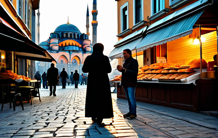 **
A lively street scene in Istanbul during the golden hour. Vendors are selling simit (Turkish sesame bread rings) and freshly squeezed orange juice. People are strolling by in stylish, modest clothing, chatting and laughing. In the background, the silhouette of a historic mosque can be seen. Warm, inviting colors, high detail, professional photography, safe for work, appropriate content, fully clothed, family-friendly. perfect anatomy, correct proportions, natural pose, well-formed hands, proper finger count, natural body proportions.
**