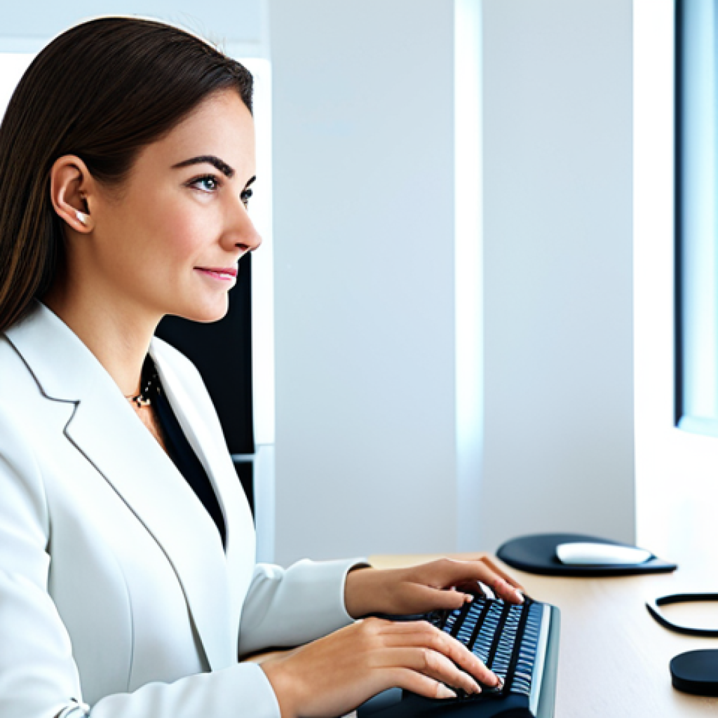**Prompt:** A businesswoman in a modern, brightly lit office. She is working at a computer, wearing a stylish and fully clothed business suit. The environment is clean and professional. "Safe for work", "appropriate content", "fully clothed", "professional", perfect anatomy, natural pose, well-formed hands.