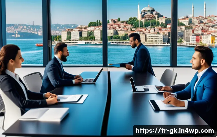 Transformer 기반의 음성 인식 기술 - A modern, high-tech office scene in Istanbul showing diverse professionals collaborating around a sl...