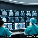 Transformer와 CNN의 비교 - A modern Turkish hospital radiology department with advanced deep learning systems analyzing medical...