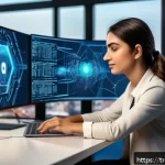 Transformer 아키텍처의 커뮤니티와 리소스 - A modern Turkish tech workspace showing a young professional woman in casual business attire working...
