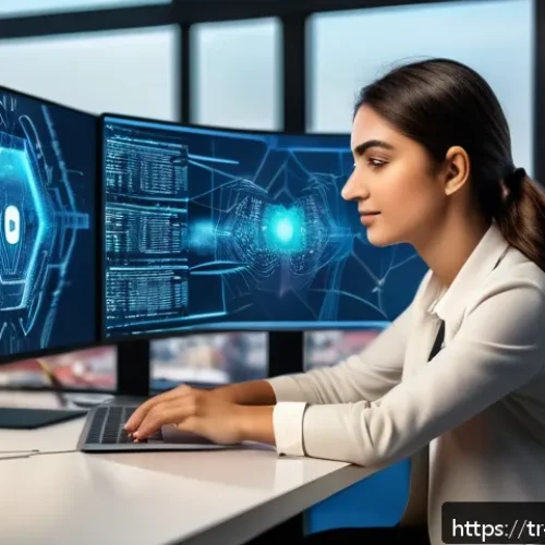 Transformer 아키텍처의 커뮤니티와 리소스 - A modern Turkish tech workspace showing a young professional woman in casual business attire working...